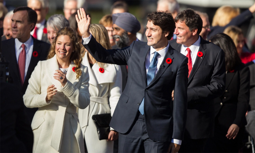 Justin Trudeau leads his cabinet appointees up the drive at Rideau Hall as the new Canadian government prepares to be sworn in in Ottawa today. Photograph: Geoff Robins/AFP/Getty Images